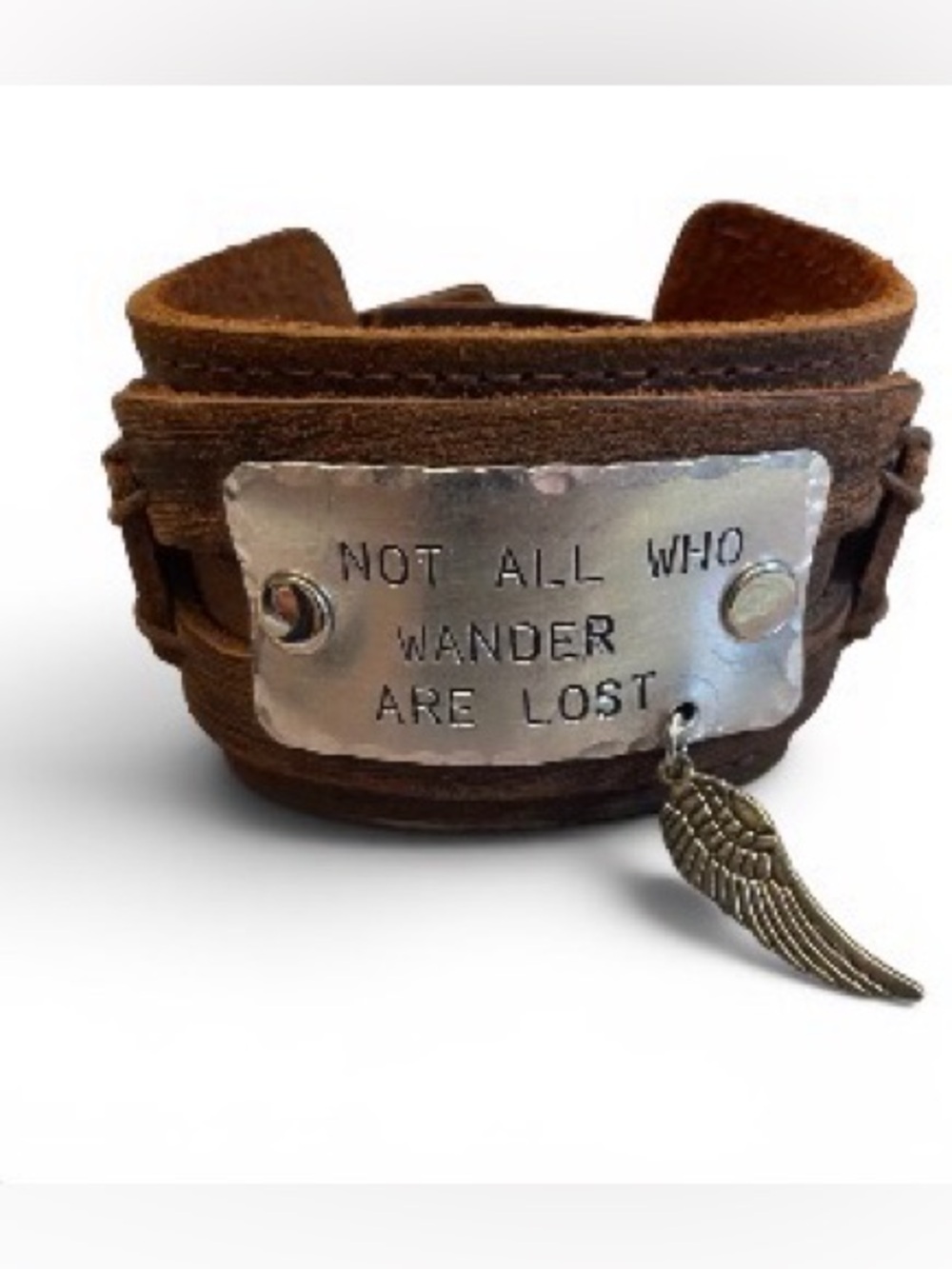 Brown Leather Cuff Bracelet with 'Not All Who Wander Are Lost' Plate